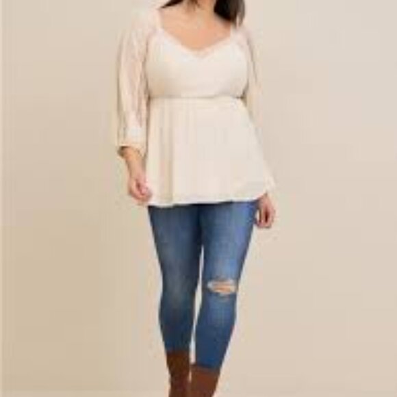 Torrid Baby Doll Top Size 2X Beige Gauze Clip Dot Layered 3/4 Length Sleeves - Picture 2 of 10